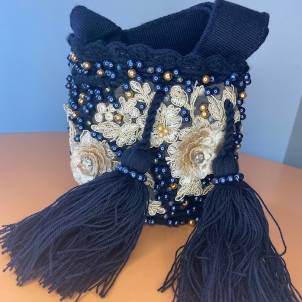 Azul-Wayuu Mochila with pearls and embroidered flower accents